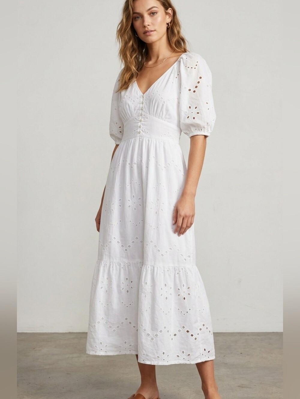 Tuckernuck YTinsel White Eyelet Midi Dress with Puff Sleeves Size S
